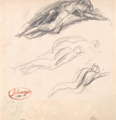 Drei Skizzen einer schlafenden Figur, wahrscheinlich Adam und Eva für "Satan entdeckt am Ohr von Eva" von George Romney