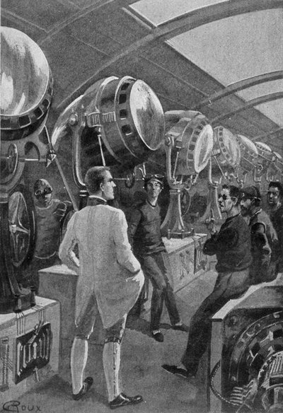 Mechaniker vor ihren Maschinen, Zeichnung von Roux in Der Tag eines amerikanischen Journalisten im Jahr 2889 von Jules Verne von George Roux