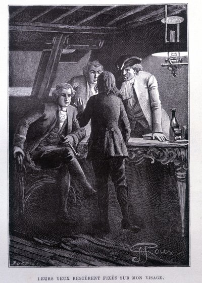 Geschichtsszene auf dem Schiffplatz: junger Jim Hawkins vor Dr. Livesey und dem Chevalier Trelawnay - in Stevensons „Die Schatzinsel“ von George Roux