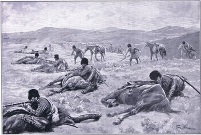 Ein Kosake und sein Pferd: eine Vorrichtung zur Deckung während eines Gefechts, Illustration aus Cassells Geschichte des Russisch-Japanischen Krieges Band 1, ca. 1900 von George Soper