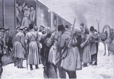 Abreise russischer Truppen in den Fernen Osten, Illustration aus Cassells Geschichte des Russisch-Japanischen Krieges Band 1, ca. 1900 von George Soper