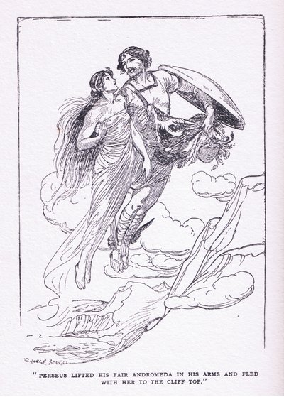 Perseus hob seine schöne Andromeda in seine Arme und floh mit ihr zu den Klippen, aus The Heroes, veröffentlicht von George Allen und Unwin 1929 von George Soper
