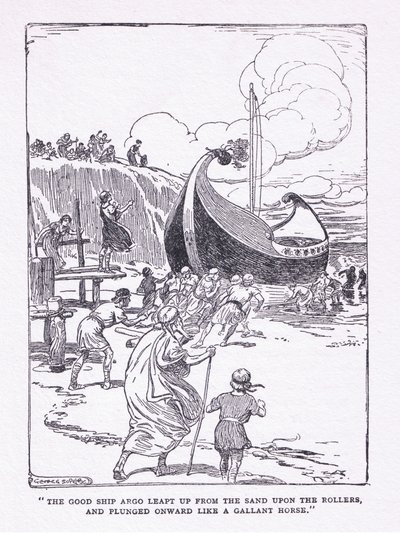 Das gute Schiff Argo sprang von den Sandrollen und stürzte vorwärts wie ein tapferes Pferd, aus The Heroes, veröffentlicht von George Allen und Unwin 1929 von George Soper