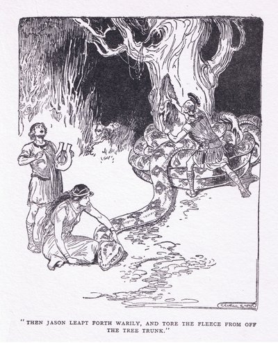 Dann sprang Jason müde hervor und riss das Vlies vom Baumstamm, aus Die Helden, veröffentlicht von George Allen und Unwin 1929 von George Soper