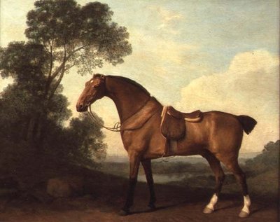 Ein gesattelter brauner Jäger in einer Landschaft mit einem See im Hintergrund von George Stubbs