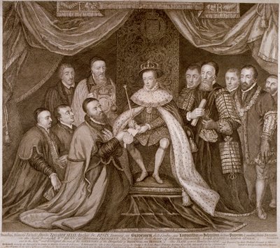 Edward VI unterzeichnet eine Charta, die Bridewell der Stadt London für ein Arbeitshaus übergibt von George Vertue