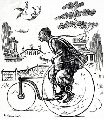 Karikatur eines chinesischen Mannes, der ein Dreirad durch einen Park in China fährt. Illustriert von George du Maurier (1834-1896), einem französisch-britischen Karikaturisten und Autor von George du Maurier