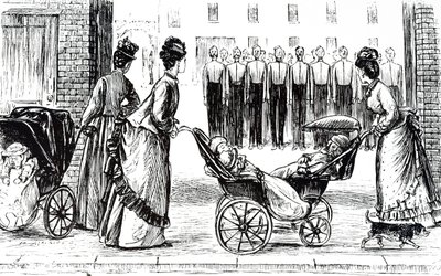 Eine Gravur, die Kindermädchen zeigt, die Kinder in Kinderwagen schieben. Illustriert von George du Maurier (1834-1896), einem franco-britischen Karikaturisten und Autor von George du Maurier
