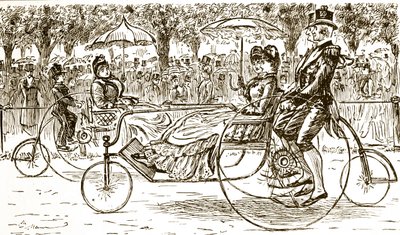 Eine Gravur, die Passagiere zeigt, die in Fahrradkutschen fahren. Illustriert von George du Maurier (1834-1896), ein franco-britischer Karikaturist und Autor von George du Maurier
