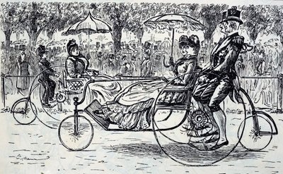 Eine Gravur, die Passagiere zeigt, die in Fahrradkutschen fahren. Illustriert von George du Maurier (1834-1896), ein franco-britischer Karikaturist und Autor von George du Maurier