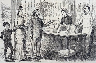 Karikatur, die das wackelige Verständnis des durchschnittlichen Engländers für das metrische System kommentiert von George du Maurier