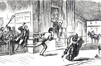 Karikatur von Doktor Meilanion Jones, der im Wettlauf um Patienten von der schönen Doktorin Atlanta Robinson überholt wird von George du Maurier