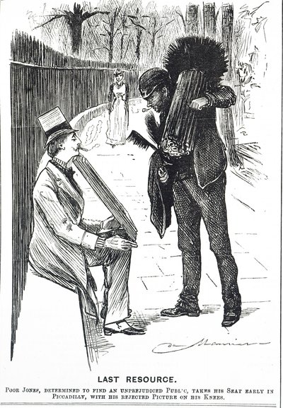 Karikatur, die einen Schornsteinfeger und seine Bürsten zeigt von George du Maurier