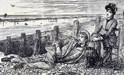 Karikatur, die ein Paar zeigt, das seine Flitterwochen an einem Kieselstrand genießt von George du Maurier