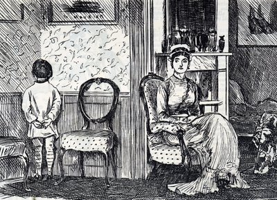 Karikatur, die eine Mutter zeigt, die ihren Sohn bestraft, indem sie ihn dazu bringt, zur Wand zu stehen von George du Maurier