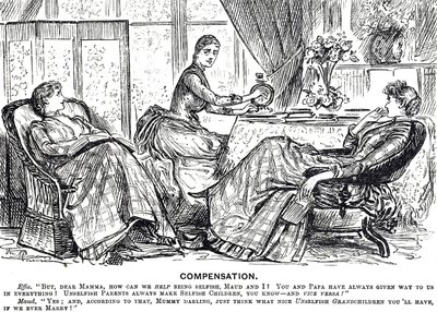 Karikatur einer Frau, die eine handbetriebene Nähmaschine benutzt von George du Maurier