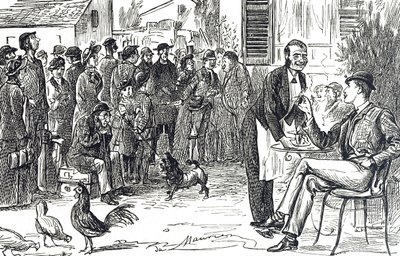 Karikatur, die die frühen Tage der Thomas Cook geführten Tour zeigt von George du Maurier