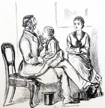 Kind fasziniert von Gummi, das zum Befestigen von falschen Zähnen verwendet wird von George du Maurier