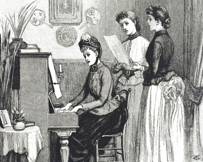 Gravur von jungen Damen, die im Salon singen von George du Maurier