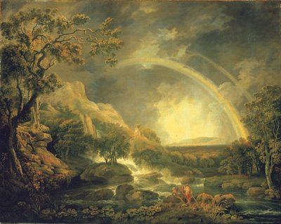 Weitläufige bewaldete Flusslandschaft mit Anglern neben einem Teich unterhalb eines Wasserfalls und einem Regenbogen von George the Elder Barret