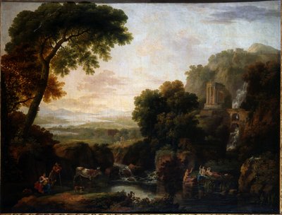 Italienische Landschaft mit einer Capriccio-Ansicht von Tivoli, einem Hirten und einer Hirtin und Vieh von George the Elder Barret