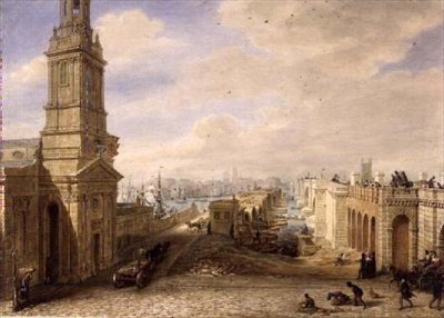 Alte London Bridge mit dem Bau der neuen Brücke daneben von George the Elder Scharf