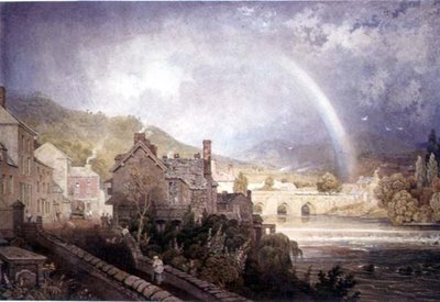 Dorf und Brücke von Llangollen, Nordwales, mit Regenbogeneffekt von George the Younger Barret