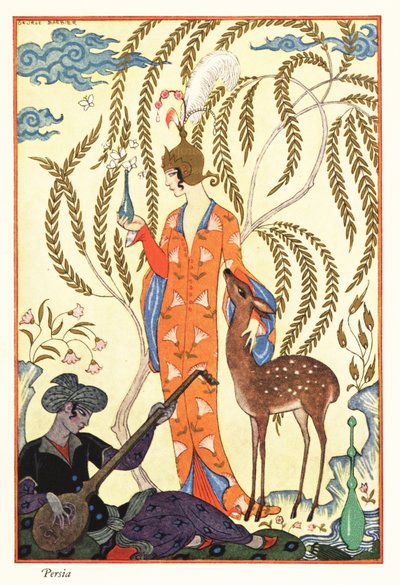 Eine Frau hält eine Parfümflasche, altes Persien von Georges Barbier