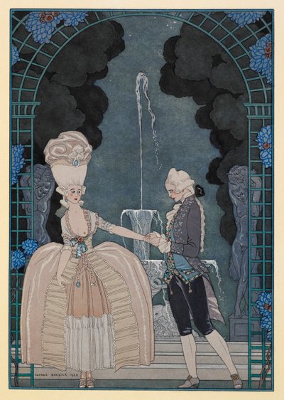Sentimentales Gespräch. Ein Mann hält die Hand einer Frau. von Georges Barbier