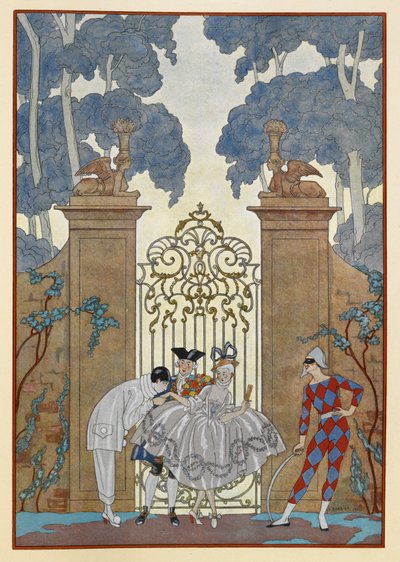 Colombine. Menschen stehen vor einem Tor. Ein Pierrot. von Georges Barbier