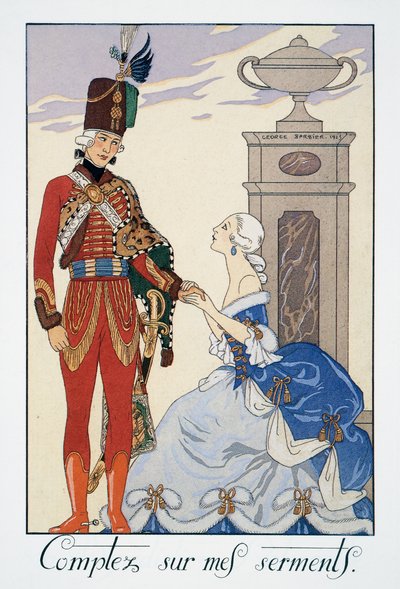 Comptez sur mes serments (Ich werde dir treu sein), ungarischer Husar, Lithografie von George Barbier, aus Falbalas et Fanfreluches, Almanach des Modes Presentes, Passees et Futures von Georges Barbier