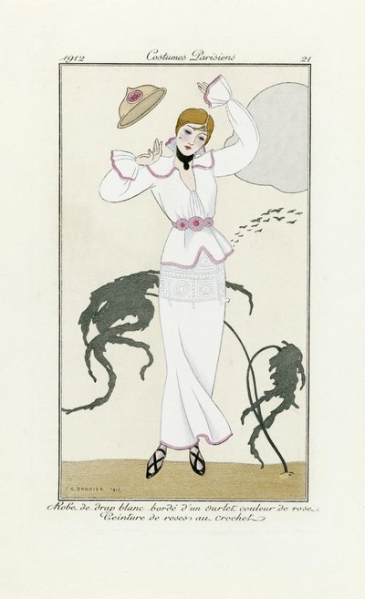 Entwurf für weißes Kleid mit rosa Besatz und Häkelgürtel, aus Costumes Parisien, veröffentlicht 1912 von Georges Barbier