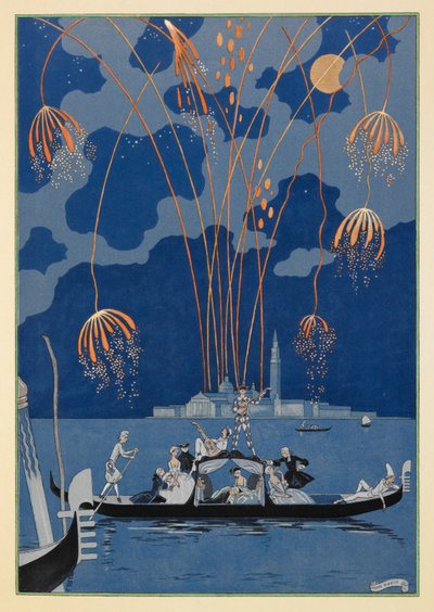 Im Boot. Feuerwerk in Venedig. Menschen in einer Gondel von Georges Barbier