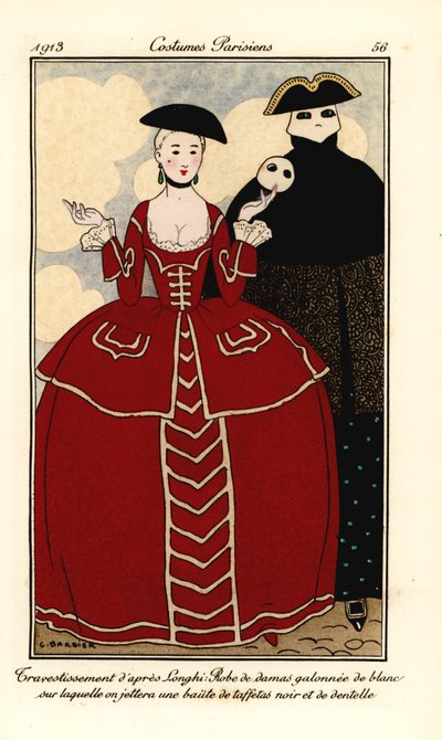 Kostüme von Longhi. Frau im Damastkleid mit weißen Verzierungen, Umhang aus schwarzem Taft und Spitze von Georges Barbier