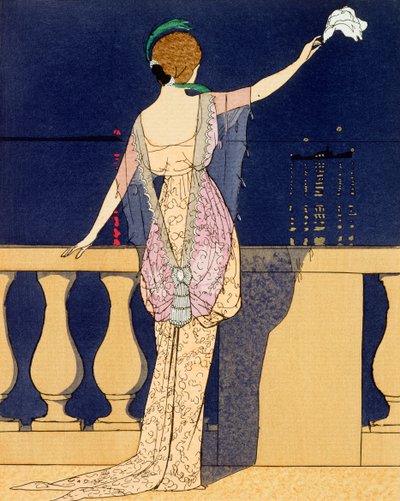 Abschied bei Nacht, Entwurf für ein Abendkleid von Jeanne Paquin, frühes 20. Jahrhundert von Georges Barbier