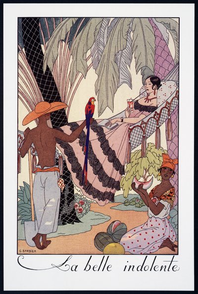 La Belle Indolente, Lithographie von George Barbier (1882-1932), aus Falbalas et Fanfreluches, Almanach des Modes Presentes, Passees et Futures, Frankreich, 20. Jahrhundert von Georges Barbier