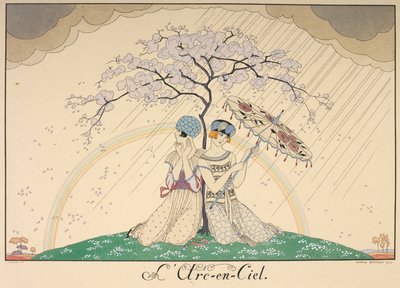 Der Regenbogen. Zwei Frauen, die sich unter einem Baum vor dem Regen schützen, im Hintergrund ist ein Regenbogen zu sehen von Georges Barbier
