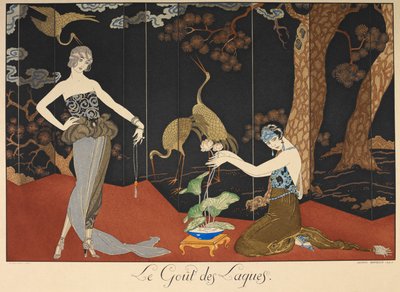 Le gout des laques. Geschmack der Lacke. Zwei Frauen vor einem lackierten Bildschirm. von Georges Barbier