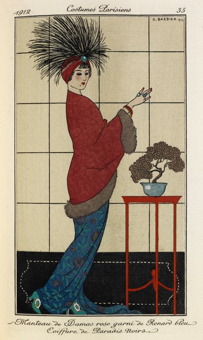 Manteau de Damas rose garni de Renard bleu Coiffure de Paradis noirs. Costumes Parisiens Nr. 35 von Georges Barbier
