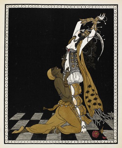 Nijinsky als der Goldene Sklave in Sheherazade, einer symphonischen Suite von Nikolai Rimsky-Korsakov, 1888. Er kniet vor Sheherazade, beide in arabischen Kostümen. von Georges Barbier