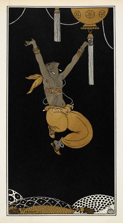 Nijinsky als der goldene Sklave in Sheherazade, einer symphonischen Suite, komponiert von Nikolai Rimsky-Korsakov im Jahr 1888. Nijinsky ist in der Luft, mitten im Sprung. von Georges Barbier