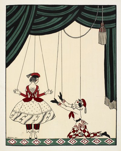 Szene aus Petroushka, einem Ballett mit Musik des russischen Komponisten Strawinsky. Zwei Puppen auf der Bühne, die an Fäden gehalten werden. Der Junge kniet und streckt sich nach dem Mädchen aus. Beide tragen passende rot-weiße gemusterte Outfits von Georges Barbier
