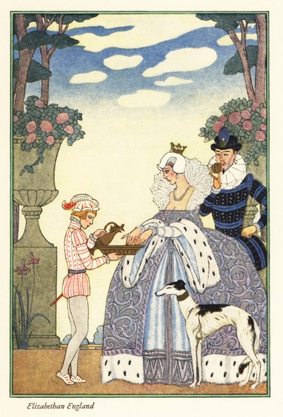 Königin Elisabeth wäscht ihre Hände in einer Schüssel, die von ihrem Pagen gehalten wird. 1928 (Druck) von Georges Barbier