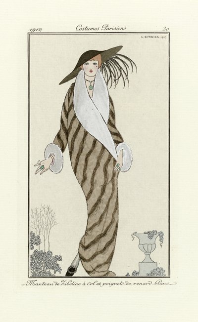 Sablemantel mit weißem Fuchsfellbesatz, aus Costumes Parisien, veröffentlicht 1912 von Georges Barbier