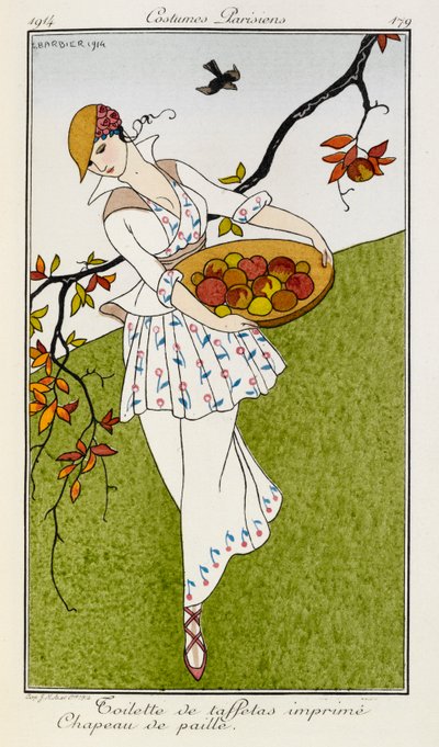 Seidenkleid mit Strohhut. Pariser Kostüme Nr. 179. Eine Frau trägt ein bedrucktes Seidenkleid und einen Strohhut. Sie trägt eine Schale mit Obst. von Georges Barbier