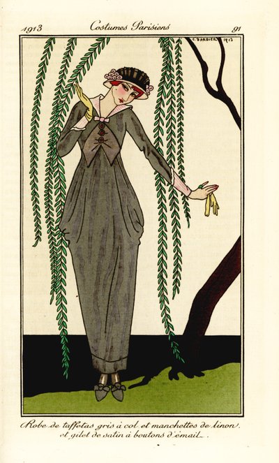 Frau in grauem Taftkleid mit Leinenkragen und -manschetten, Satinweste mit Emailknöpfen, unter einem Weidenbaum von Georges Barbier