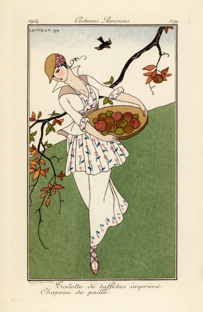Frau mit Strohhut und Kleid aus bedrucktem Taft von Georges Barbier