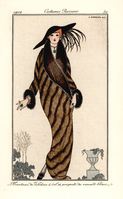 Frau im Zobelmantel mit Kragen und Manschetten aus weißem Fuchsfell von Georges Barbier