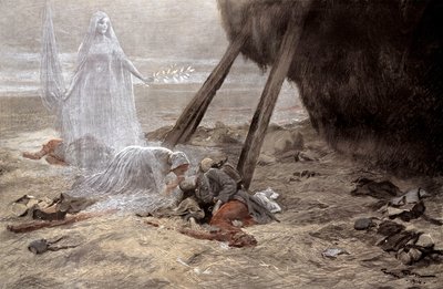 Zwei weiße Frauen erscheinen einem sterbenden Soldaten von Georges Bertin Scott