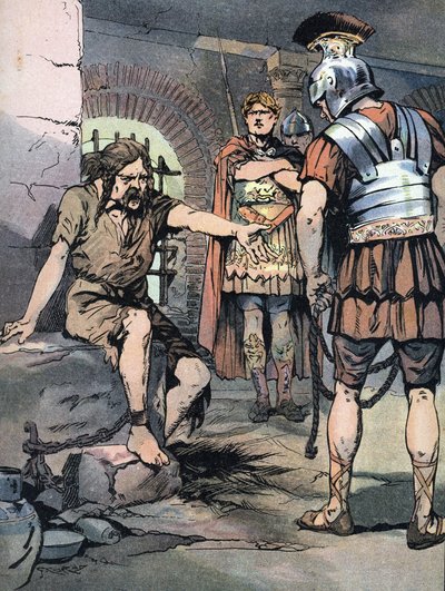 Gallischer Krieg: Der gallische Krieger Vercingetorix als Gefangener in den römischen Waffen von Julius Caesar in den Gefängnissen des Tullianum, 46 v. Chr. Illustration von von Georges Conrad